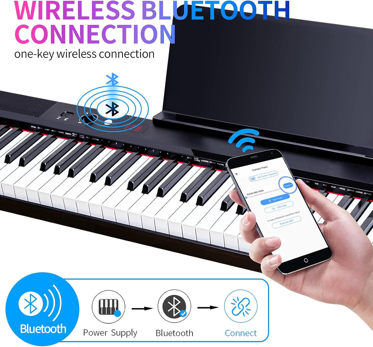 88 Key Full Size Semi Weighted Electronic Keyboard with Music Stand, Power Supply, Sustain Pedal, Bluetooth, MIDI D56865