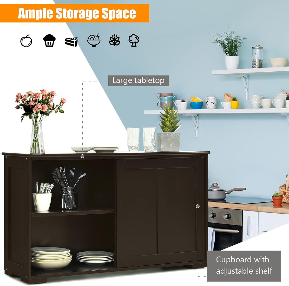 Brown Double-Layer Sliding Slat Door Storage Cabinet M354187