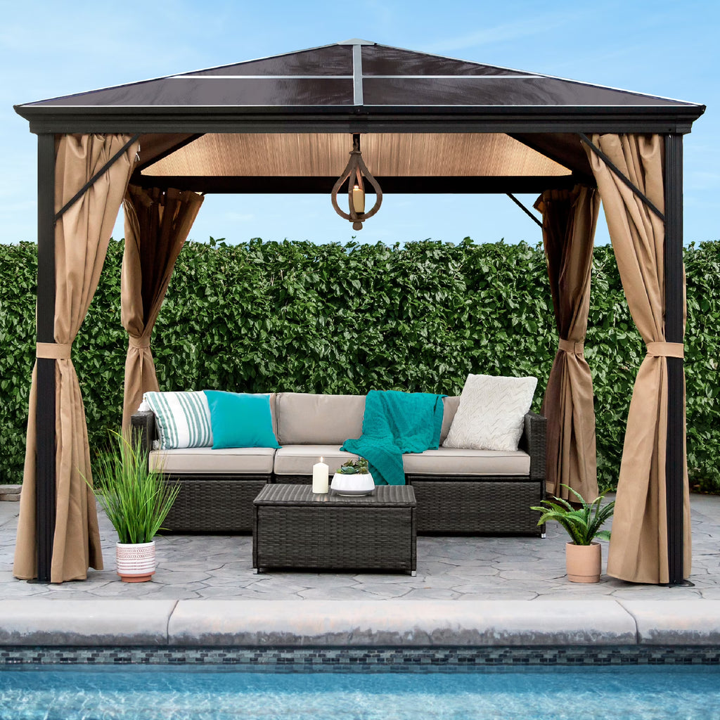 10x10ft Hardtop Gazebo with Side Curtains, Netting B8474