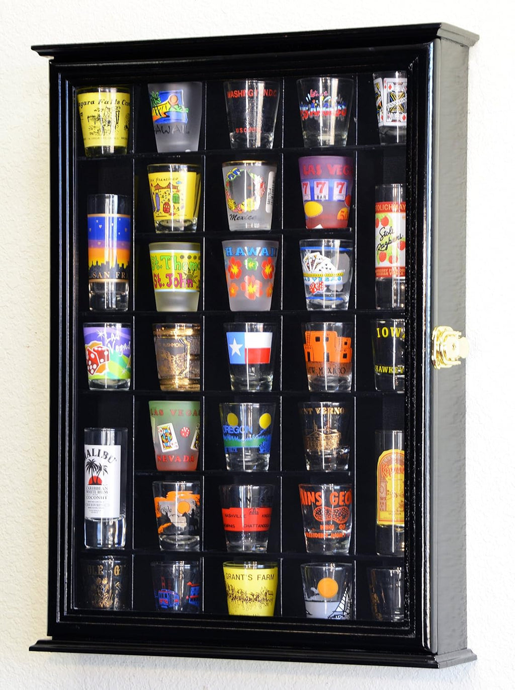 Walnut Shot Glass Display Case Cabinet Wall Rack I308