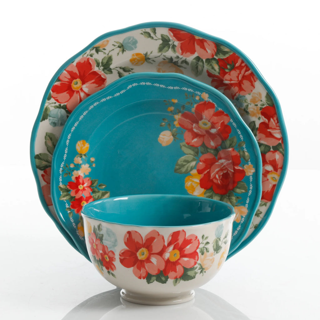 Vintage Floral 12-Piece Dinnerware Set, Teal Z3530