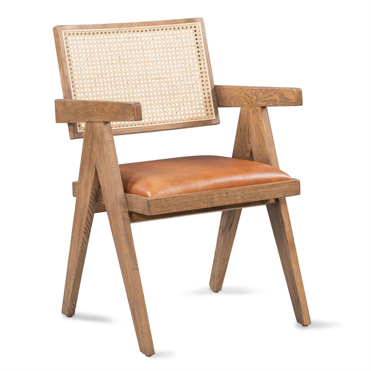Tan Top-Grain Leather & Wood Dining Chair with Rattan Back C247