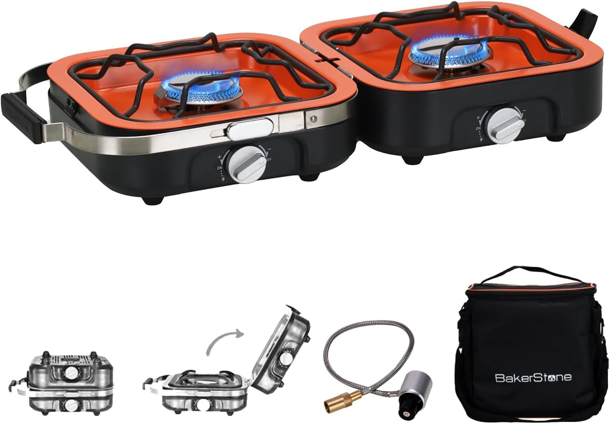 Propane Camping Stove 2 Adjustable Burners with 20,000 BTUs, Portable Folding Camp Stove with Carry Bag K345