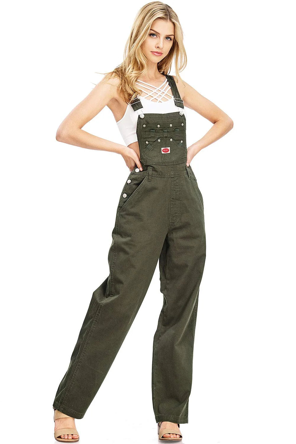Olive Medium Baggy Straight Leg Twill Overalls P16401