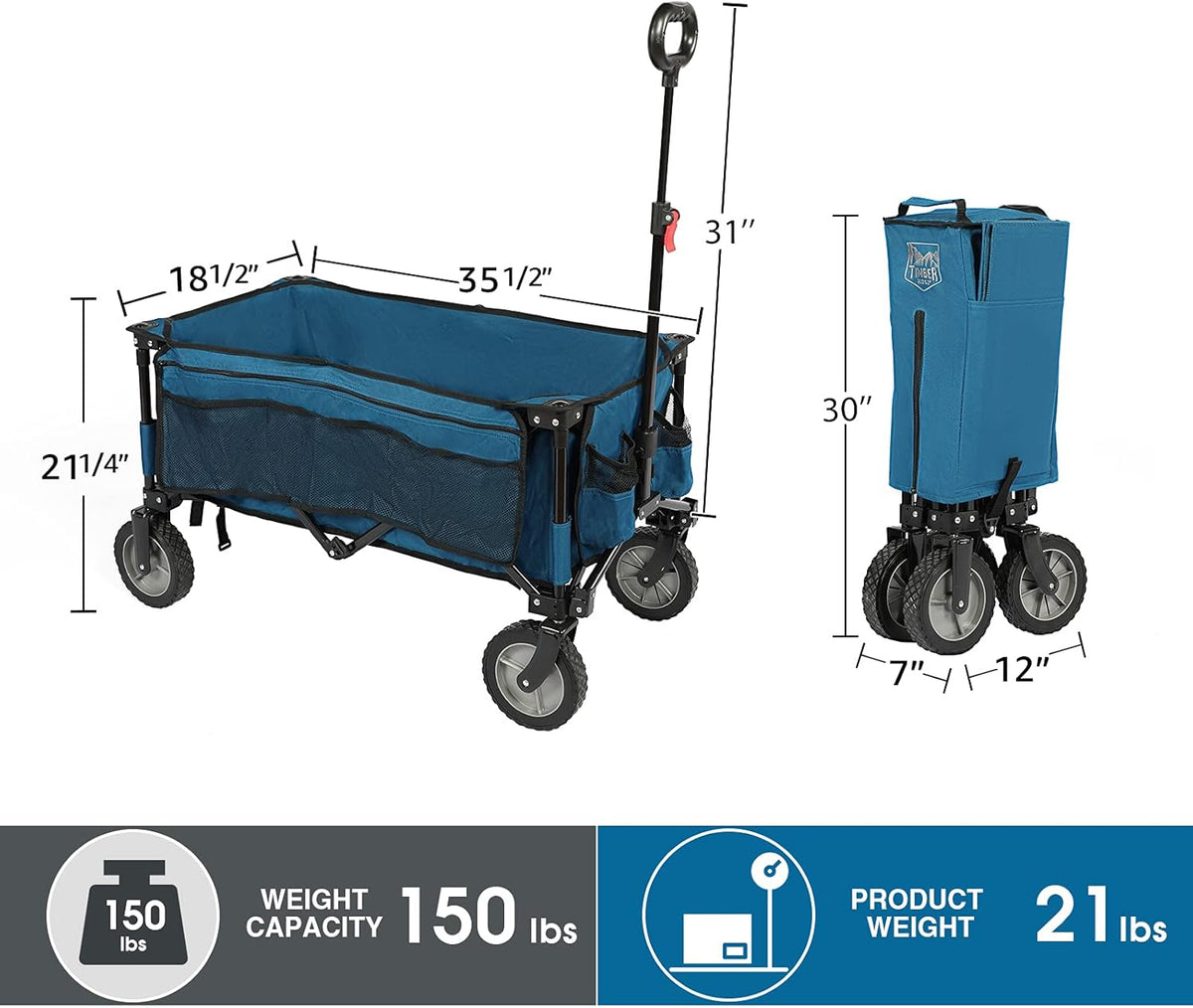 Collapsible Outdoor Folding Wagon Cart with Side Bag Cup Holder R773578