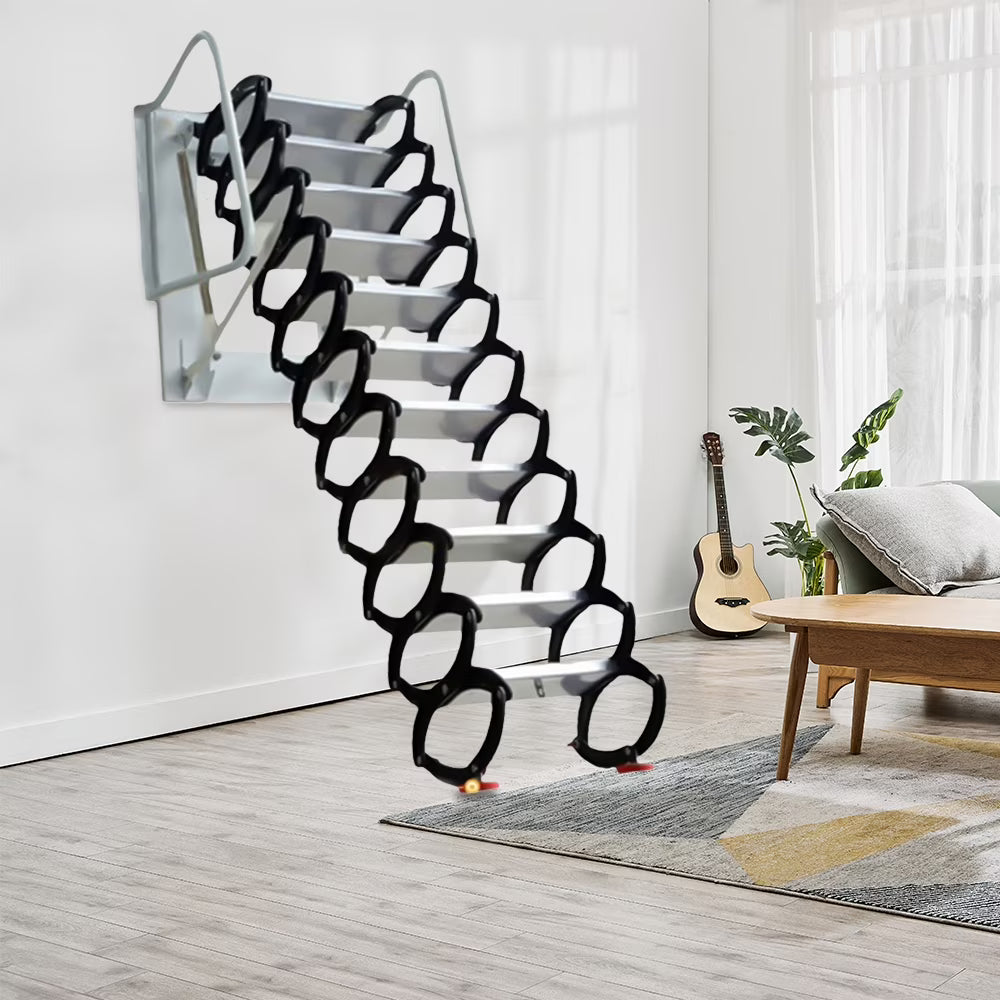 Telescopic Pull-down Attic Ladder Stairs, 12 Steps Wall Mounted Folding Scissor Structure Collapsible Stairs, Black L52089