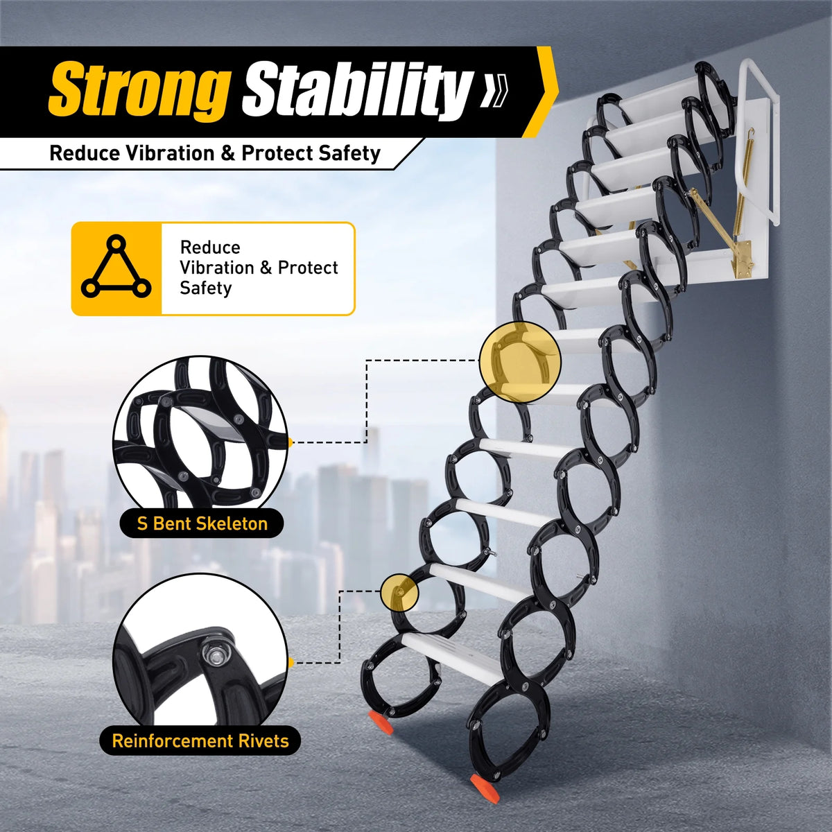 Telescopic Pull-down Attic Ladder Stairs, 12 Steps Wall Mounted Folding Scissor Structure Collapsible Stairs, Black L52089