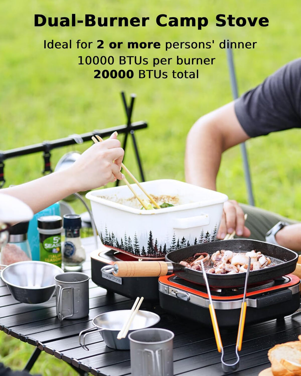 Propane Camping Stove 2 Adjustable Burners with 20,000 BTUs, Portable Folding Camp Stove with Carry Bag K345