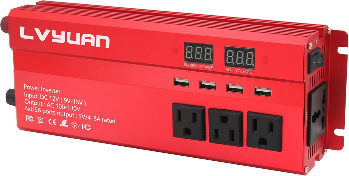 1000W Car Power Inverter DC 12V to 110V AC with 4 Outlets, 4 USB Ports, LED Display, Pack of 2 Z5173