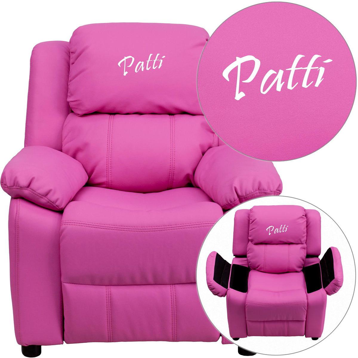 Hot Pink Vinyl Kids Recliner with Storage Arms W71878