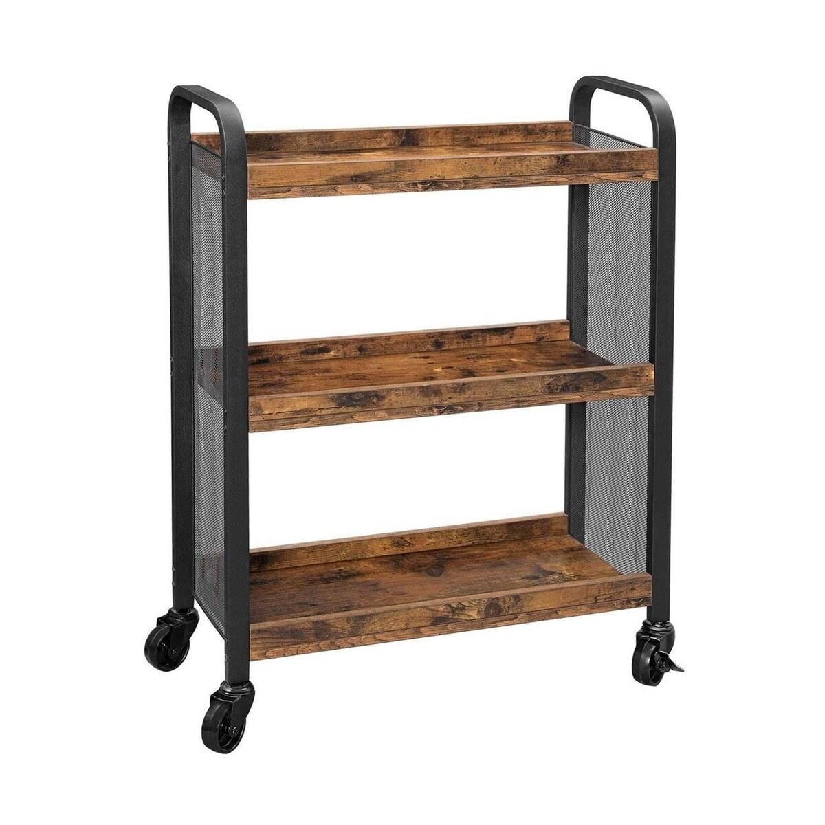 3 Tier Wood and Metal Kitchen Cart with Mesh Side Panel, Brown and Black L9306