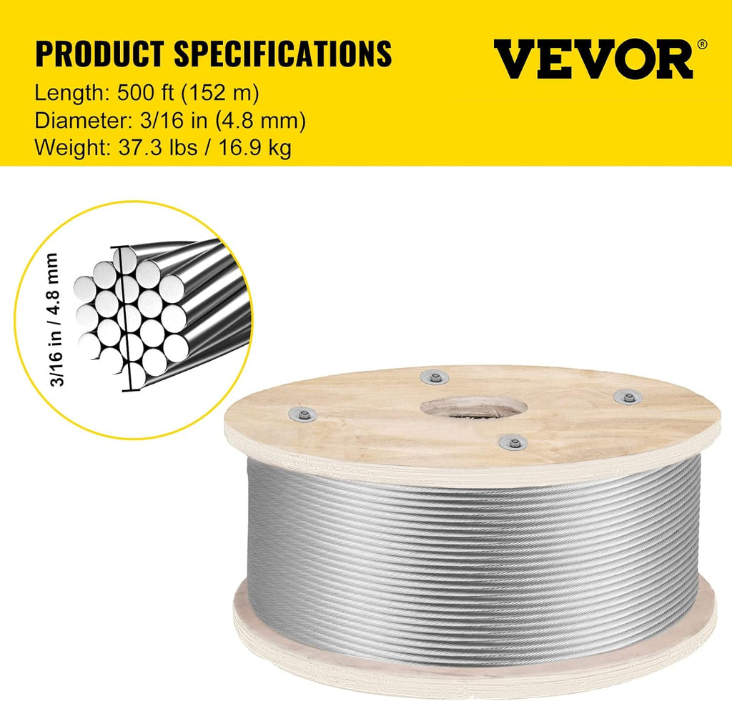 Stainless Steel Cable Railing 3/16x 500ft, Wire Rope 316 Marine Grade, Braided Aircraft Cable 1x19 Strands, Pack of 2 P6109