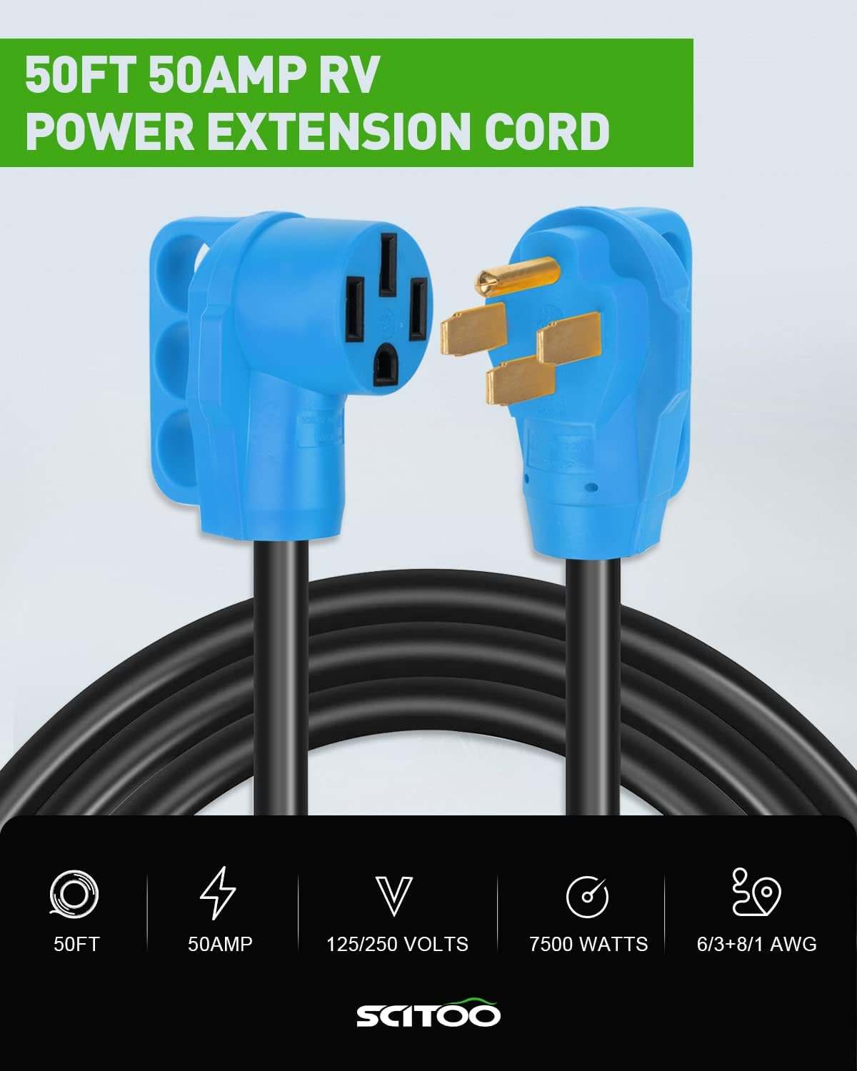 50 FT 50 Amp RV Extension Cord Power Supply Cable, Heavy Duty, 6AWG3C + 8AWG1C S5579