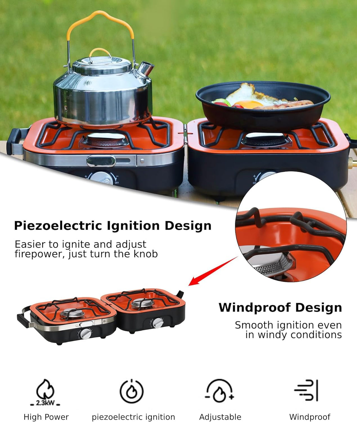 Propane Camping Stove 2 Adjustable Burners with 20,000 BTUs, Portable Folding Camp Stove with Carry Bag K345
